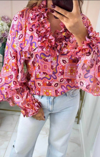Olivia Glansig Blus med volanger Rosa Pucci