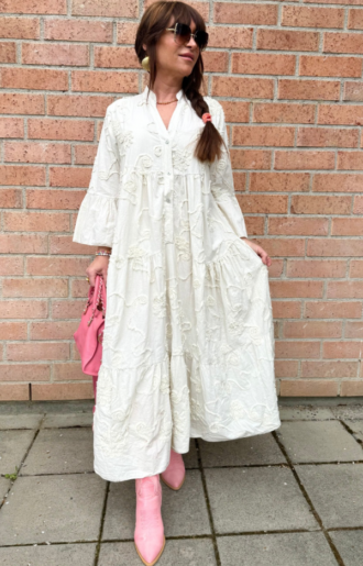Beige sommarklänning i bomull med broderier – One size XS–XL