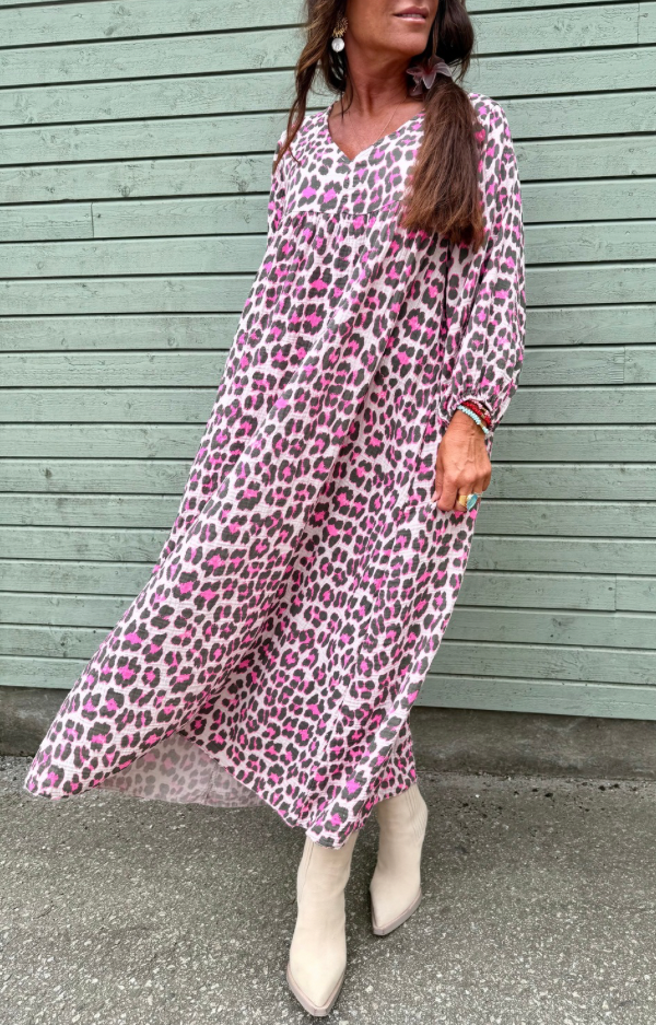 Klänning med beige botten och neonrosa leopardmönster i bomull