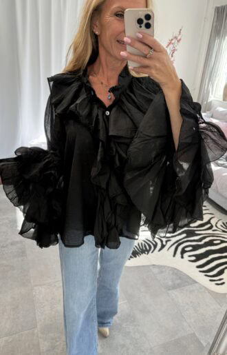 Ida Bomullsblus Black - volangblus i bomullsvoile