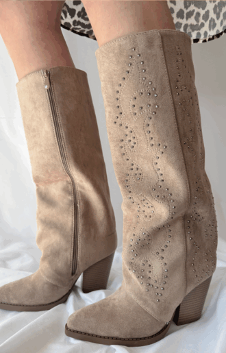 Beige stövlar i westernstil med 7 cm klack, fuskmocka och dekor av glimrande stenar"