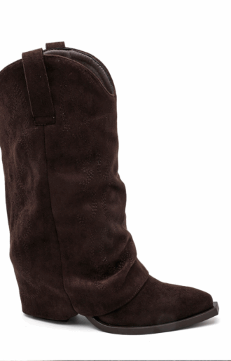 Chokladbruna boots i mjuk fuskmocka med broderier och nedvikt design – Love Forever.