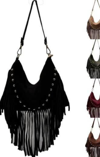 Äkta mockaväska med nitar och fransar, handgjord i Italien – luxe boho chic med avtagbar axelrem.