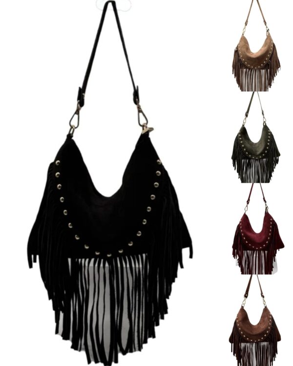 Äkta mockaväska med nitar och fransar, handgjord i Italien – luxe boho chic med avtagbar axelrem.