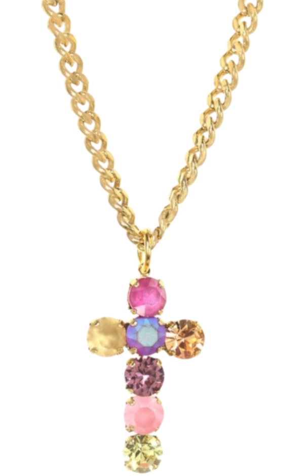 Guldkedja med mindre pastellfärgat kors i ombre-tema, boho luxe halsband i guldpläterad mässing.