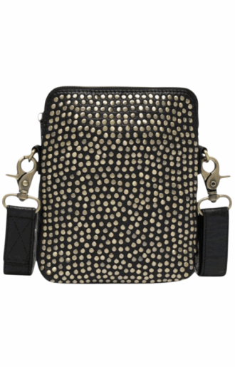 Depeche POWER PARADE mobilväska för dam i mjukt kalvskinn med matt guldfärg/mässingsnitar, justerbar crossbody-rem.