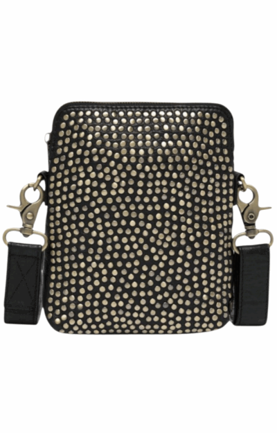 Depeche POWER PARADE mobilväska för dam i mjukt kalvskinn med matt guldfärg/mässingsnitar, justerbar crossbody-rem.