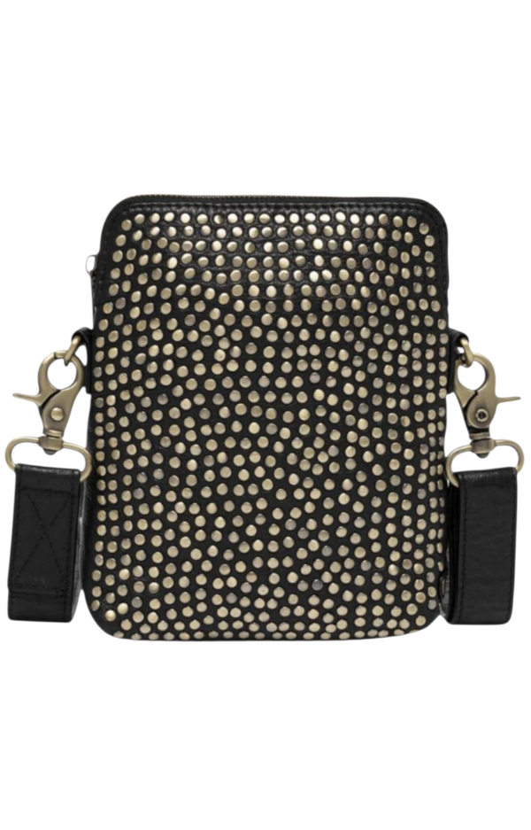 Depeche POWER PARADE mobilväska för dam i mjukt kalvskinn med matt guldfärg/mässingsnitar, justerbar crossbody-rem.