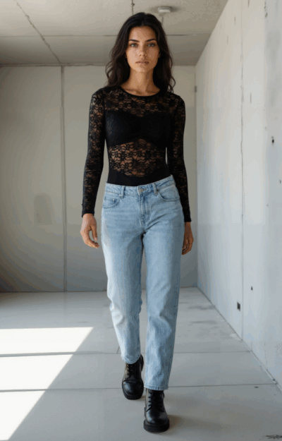 Svart spetsbody i stretchig spets för dam, elegant body som passar till baggy jeans, skinnbyxor eller kjol