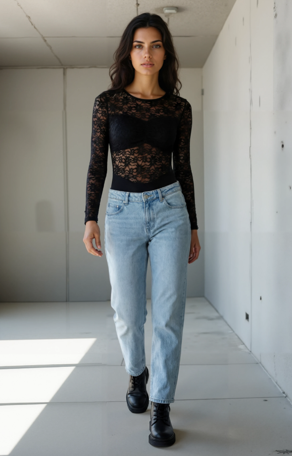 Svart spetsbody i stretchig spets för dam, elegant body som passar till baggy jeans, skinnbyxor eller kjol
