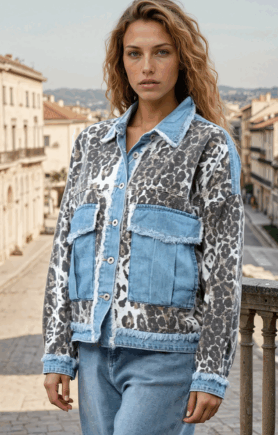 Leopardmönstrad jeansjacka med denimdetaljer som krage och fickor, trendig och modern jacka i 100% bomull från Love Forever