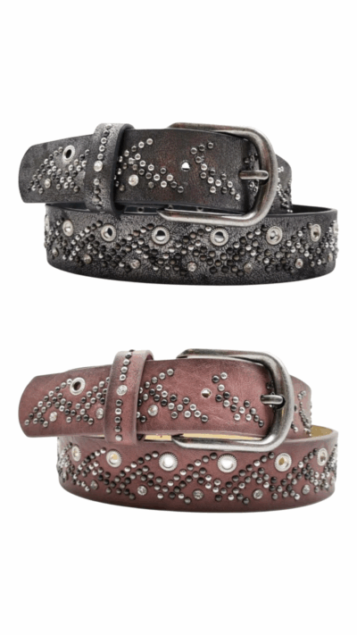 Rockigt bohemiskt bälte med nitar i antracitgrått eller rosa i flera längder från Love Forever