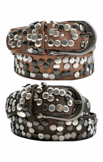 Rockigt-bohemiskt nitat bälte i bronze eller chocolate, med flera längder från Love Forever