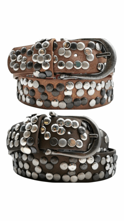 Rockigt-bohemiskt nitat bälte i bronze eller chocolate, med flera längder från Love Forever