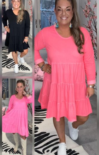 Jempa Stretchig bomullsklänning i neoncoral, neonrosa & svart