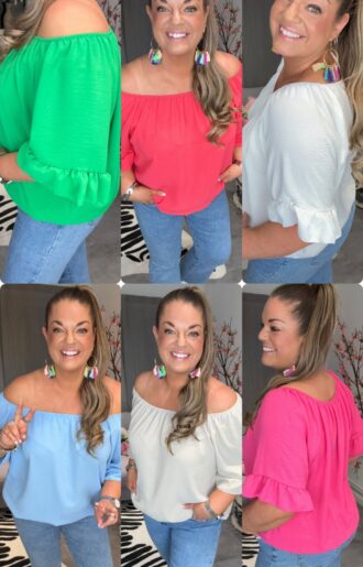 Mjuk off shoulder-blus med volangärm och resår, luftig passform som passar S–XXL, stylad med jeans.