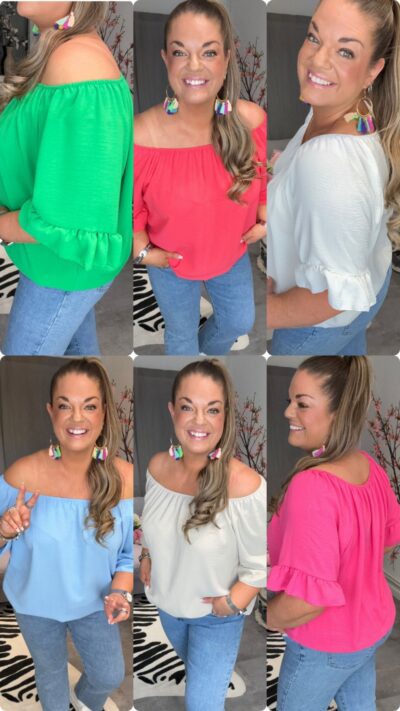 Mjuk off shoulder-blus med volangärm och resår, luftig passform som passar S–XXL, stylad med jeans.