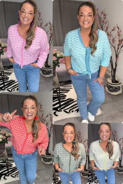 Mönstrad viskosblus med spetsdetaljer och knyte framtill, luftig passform som passar S–XL, stylad med jeans.