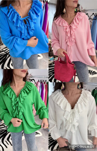 Blus med volanger vid hals och ärmslut, resår för justerbar off-shoulder-passform, normal till rymlig storlek på modell.