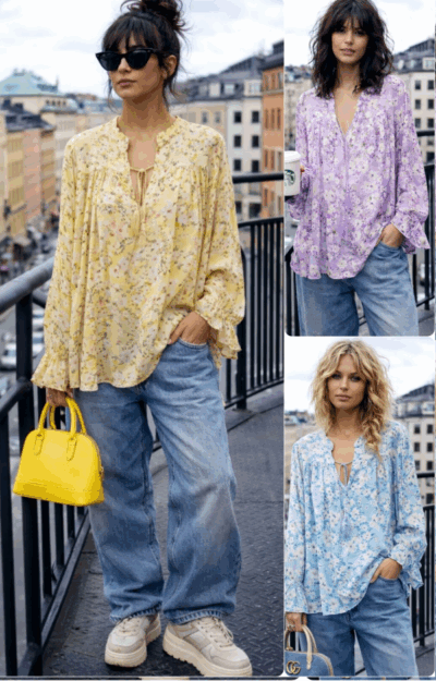 bohemisk blus i mjuk viskos, vackert blomprint, volang vid ärmslut