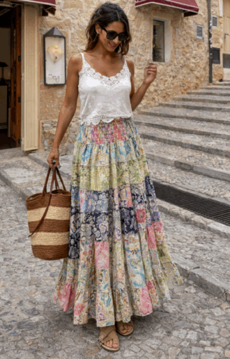 Bohemisk maxikjol med bred smock och volanger i mjukt vintage silk-tyg, luftig passform och harmoniska färger, kan bäras som kjol eller axelbandslös klänning.