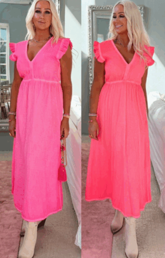 Sommarklänning i neonfärg rosa och coral – krinklad bomull, one size