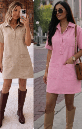 Kort jeansklänning dam i denim med fickor framtill och retro 60-70-talsstil.