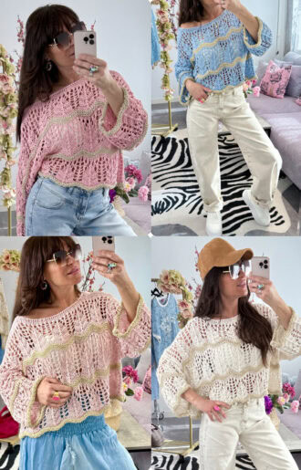 Stickad tröja dam i pastellfärger med gulddetaljer och tunt mönster.