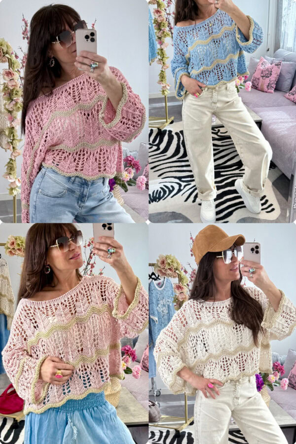 Stickad tröja dam i pastellfärger med gulddetaljer och tunt mönster.