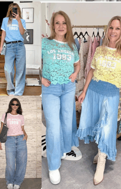 Spets t-shirt dam med stretch och texten Los Angeles 1983 California i flera färger.