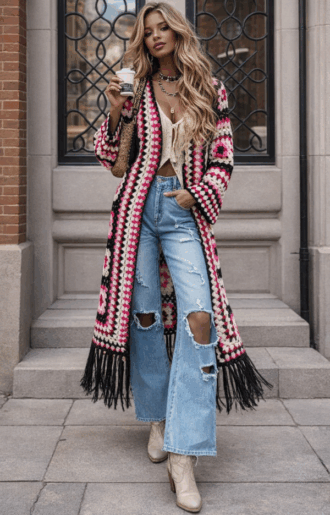 Handvirkad kofta dam i boho luxe-stil med fransar och färger i rosa, svart och cerise.