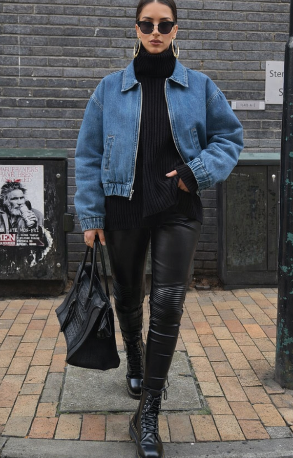 Bomberjacka dam i jeans med dragkedja, krage och elastisk mudd, trendig passform.