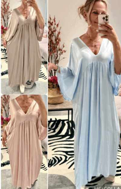 Superfin viskosklönning i satin. Fina färger ljusblå, puderrosa och taupe.