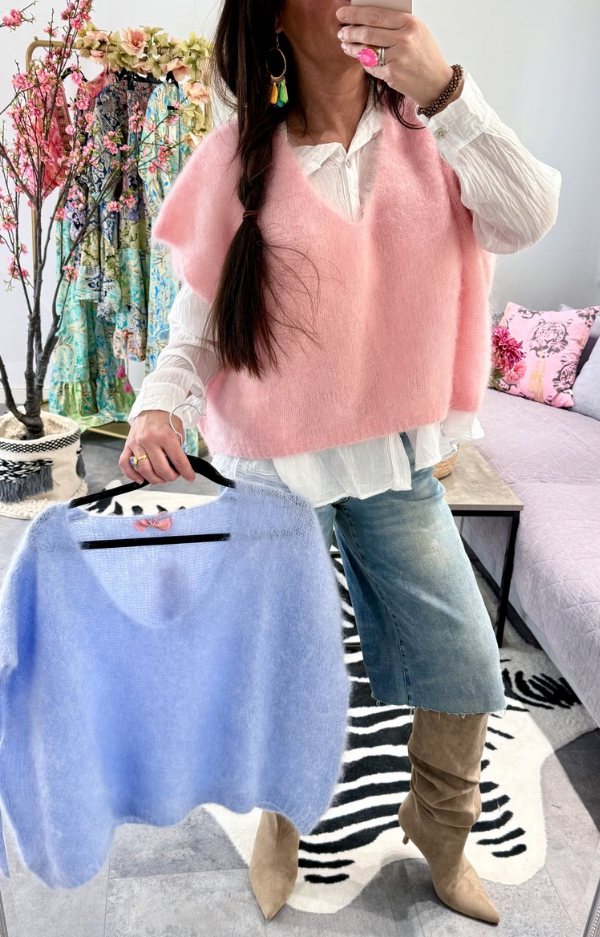 lyxig mohairväst 80% kidmohair, i ljusrosa och ljusblå