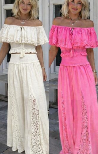 Boho luxe set i bomull – off shoulder topp & byxkjol med fickor