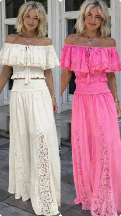 Boho luxe set i bomull – off shoulder topp & byxkjol med fickor