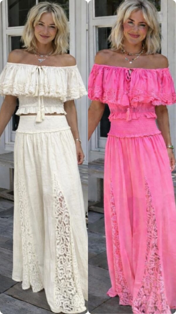 Boho luxe set i bomull – off shoulder topp & byxkjol med fickor