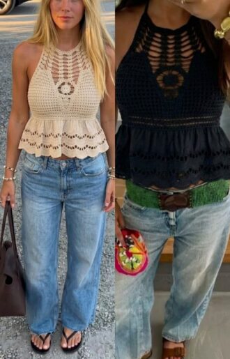 Halterneck topp i bomull med virkad spets upptill XS M