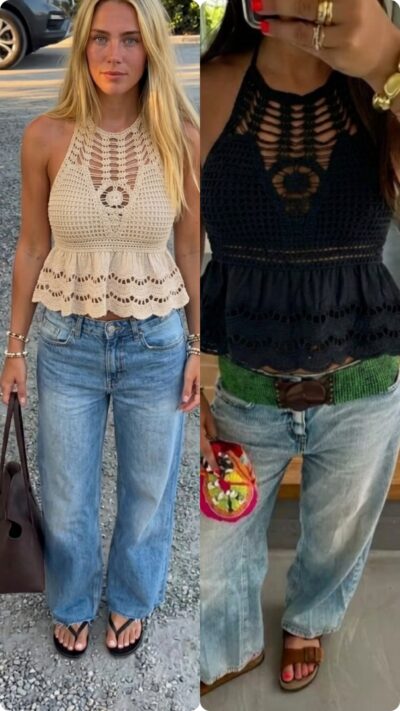 Halterneck topp i bomull med virkad spets upptill XS M