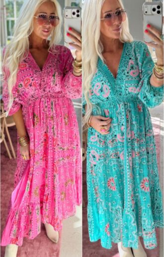 Beckie Bohemisk Klänning Turkos o Rosa