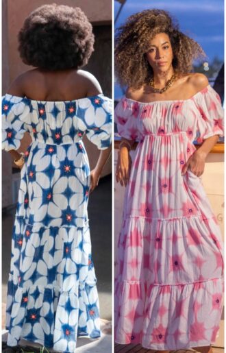 Bohemisk klänning dam i bomull med rosa eller blått print, puffärmar och spegeldetaljer, kan bäras off shoulder eller på axlarna