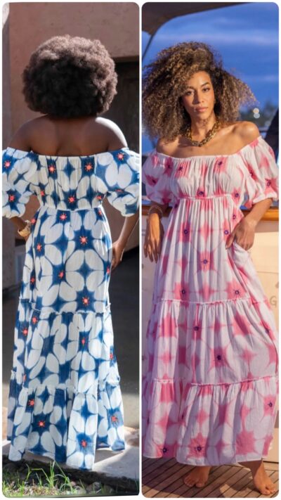 Bohemisk klänning dam i bomull med rosa eller blått print, puffärmar och spegeldetaljer, kan bäras off shoulder eller på axlarna