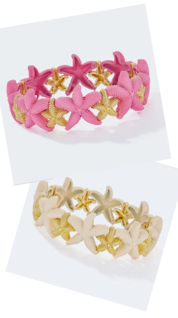 Elastiska boho armband med sjöstjärnor i rosa och vitt med gulddetaljer, somriga smycken från Love Forever
