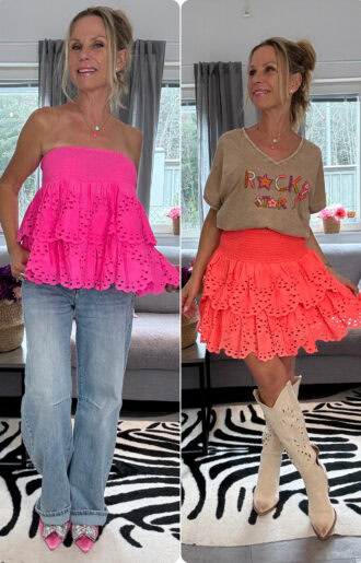 Kort kjol i broderad bomull i neon rosa med volanger