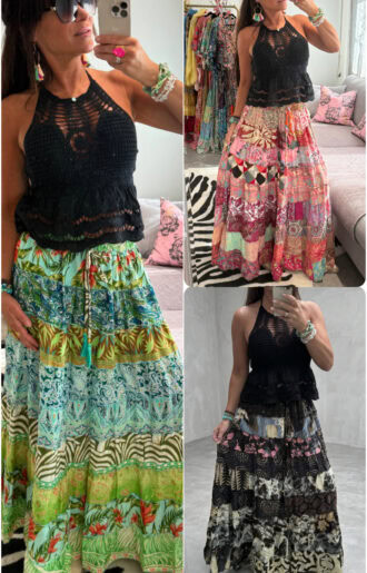 Bohemisk patchwork kjol dam i vintage saree tyg från Indien, unik färgglad kjol med resår i midjan och knyte framtill