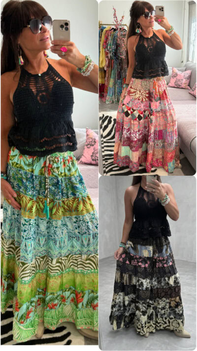 Bohemisk patchwork kjol dam i vintage saree tyg från Indien, unik färgglad kjol med resår i midjan och knyte framtill