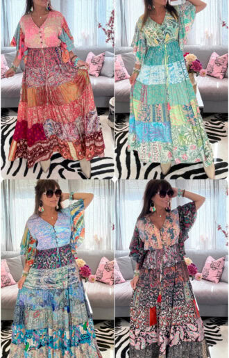 Bohemisk patchwork klänning dam i vintage saree tyg från Indien med fjärilsärmar och resår under byst, unik färgglad klänning