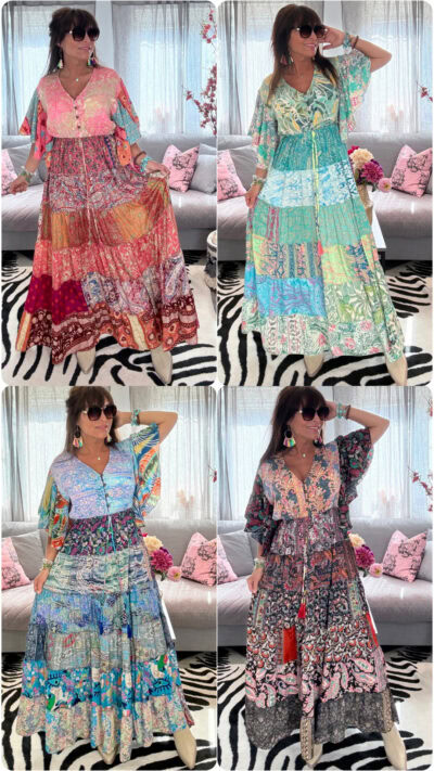 Bohemisk patchwork klänning dam i vintage saree tyg från Indien med fjärilsärmar och resår under byst, unik färgglad klänning