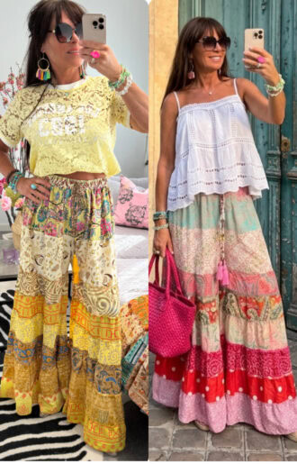 Bohemiska patchwork byxor dam i vintage saree tyg från Indien med resår i midjan och vid passform, unika färgglada byxor