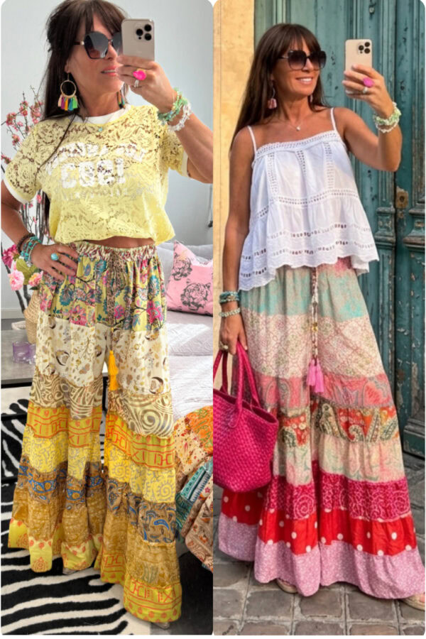 Bohemiska patchwork byxor dam i vintage saree tyg från Indien med resår i midjan och vid passform, unika färgglada byxor